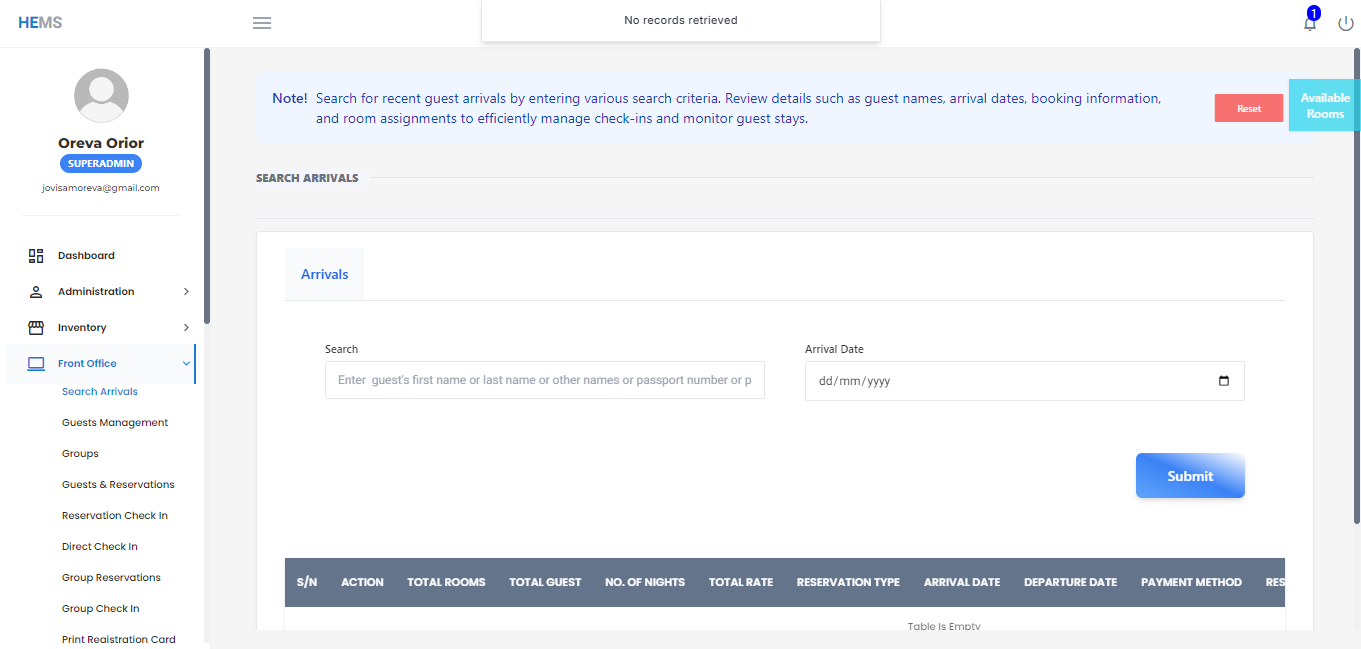 SAFHA arrival search workspace